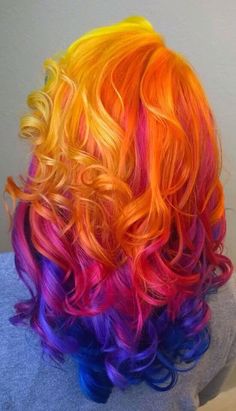 Nighttime sunset hair! Sunset Hair Color Ombre Purple, Sunset Colored Hair, Pastel Sunset Hair, Wild Hair Color Ideas, Crazy Hair Dye Ideas, Flame Hair Color, Sunset Hair Color Ombre, Crazy Color Hair Ideas