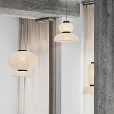 three lights hanging from the ceiling in a room