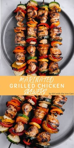 grilled chicken on skewers with peppers and onions