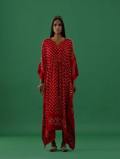 Red Bandhani Ghungroo Embellished Modal Satin Kaftan By 5 Elements now available at Trendroots Bandhani Kaftan, Red Kaftan, Satin Kaftan, Bandhani Print, 5 Elements, Indian Fashion Designers, Satin Color, Pernia Pop Up Shop, V Cut