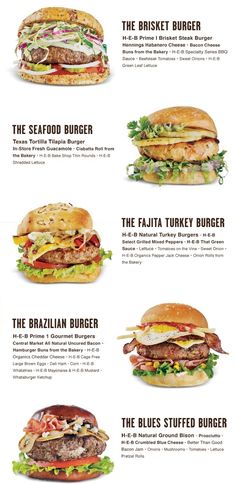 the different types of burgers are shown in this diagram, with instructions to make them