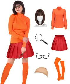 PRICES MAY VARY. Complete Costume Set: The Velma outfit includes the orange top, red skirt, glasses, wig, socks, and a magnifying glass, providing everything you need for a true-to-character transformation. Versatile Sizing Options: Designed for adult women, this women Velma costume skirt comes in various sizes, offering a tailored and confident look for every wearer. High-Quality Materials: Made with care, this Velma costume adult outfit is crafted from premium fabric, ensuring comfort, durabil Velma Outfit, Costumes With Glasses, Halloween Costumes Glasses, Velma Costume, Adult Women Halloween Costumes, Daphne Costume, Classic Movie Characters, Halloween Costume Contest, Halloween Costume Outfits