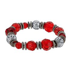 Metal Color: Silver ToneChain Length: 7 InchMetal: AlloyChain Construction: BeadCare: Polishing ClothCountry of Origin: Imported Red Crystal Bracelet With Spacer Beads, Red Stretch Bracelet With Faceted Round Beads, Red Adjustable Stretch Bracelet With Polished Beads, Red Faceted Round Bead Bracelets, 1928 Jewelry, Color Beads, Paper Beads, Beaded Stretch Bracelet, Jewelry Projects