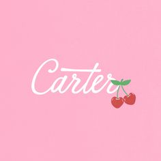 a pink background with two cherries and the word cartier written in cursive writing