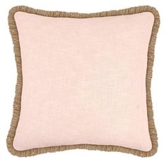 a pink and brown pillow with fringes on the bottom, in front of a white background