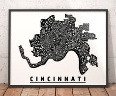 a black and white map of the city of cincinnati, with words all over it