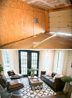 before and after shots of a living room with wood paneling on the walls, leather couches in front of an open garage door