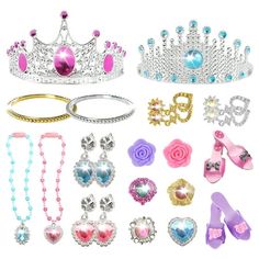 The PicassoTiles PBT24 set includes 24 pieces pretend play dress-up accessories. 2 royal crowns in silver colors with gems and rubies embedded, 2 different color princess heel shoes that fit any outfit for any occasion, and royalty jewelry accessories such as a pair of bracelets, 2 necklaces, 4 pairs of earrings and a set of 6 rings to finish off every beautiful fairytale fantasy queen look for ages 3+! Each princess tiara, princess shoe, sparkling jewelry and accessory is made with 100% toxic-f Royal Princess Dress, Royalty Jewelry, Princess Heels, Princess Dress Fairytale, Fantasy Queen, Imagination Toys, Creative Imagination, Fairytale Princess, Tiaras Jewellery