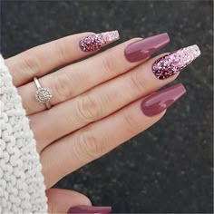 Luxurious Nails Classy, Subtle Bling Nails, Ombre Nail Ideas Acrylic, Casket Nails, Ombré Glitter, Glitter Accent Nails, Simple Fall Nails, Fall Nail Art Designs