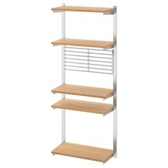 a three tiered shelf with metal rails and wood shelves on each side, in front of a white background