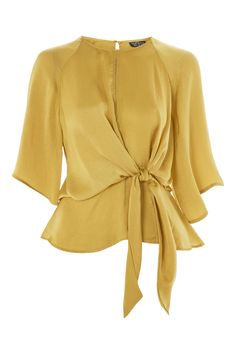 Satin Top Design, Long Sleeve Blouse Outfit, Women Tops Design, Satin Tops, Mustard Top, Knot Front Top, Knotted Top, Knot Top, Petite Blouses