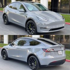 two pictures of a silver tesla model x parked in front of a building with black rims