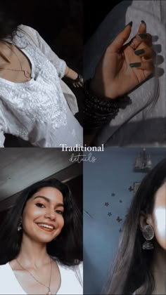 four different pictures of a woman smiling and holding something in her hand with the caption traditional