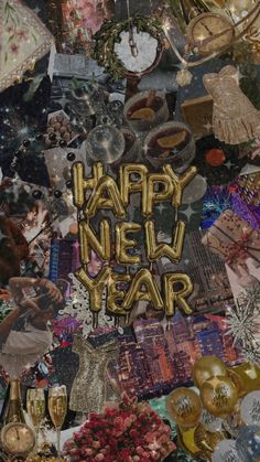 the words happy new year are surrounded by many different items and decorations, including balloons