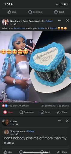 an instagramted photo of a woman with blue hair holding a cell phone in front of a cake