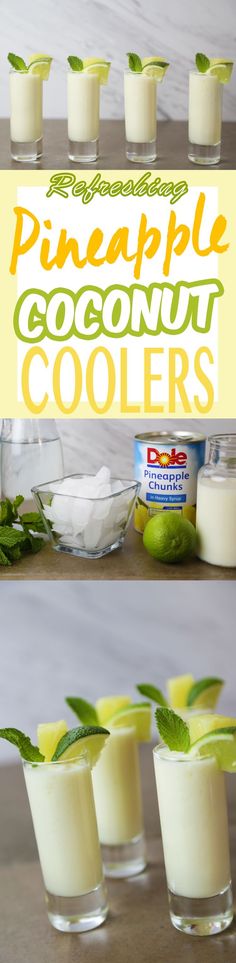 pineapple coconut coolers in small glasses with lime slices and mint on the side