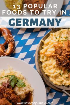 some food is sitting on top of a blue and white checkered table cloth with the words, 13 popular foods to try in germany