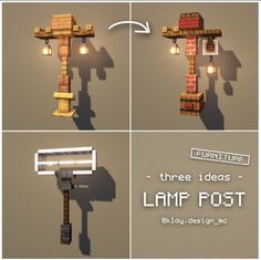 four different views of a lamp post made out of wood and brick with the text furniture three ideas - lamp post by design inc