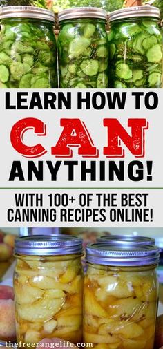 jars filled with pickles and text that reads learn how to can anything with 10 + of the best canning recipes online