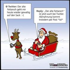 a cartoon depicting santa claus and his reindeer friend in the sleigh with two speech bubbles