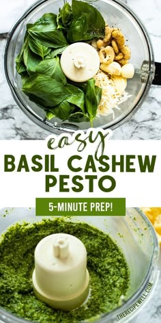 basil cashew pest in a food processor with the words easy basil cashew pest