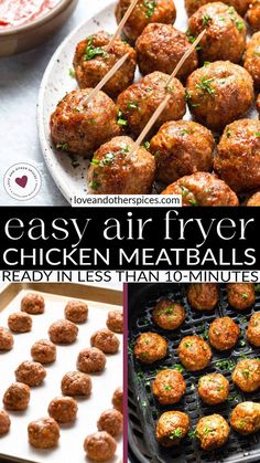 A plate of juicy, air fryer chicken meatballs garnished with chopped parsley, with a few skewered on toothpicks. A small bowl of marinara sauce is placed to the left side of the plate on a light gray surface, making it an easy meal option for any occasion. Air Fryer Chicken Meatballs, Air Fryer Meatballs, Chicken Meatball Recipes, Air Fry Recipes, Meat Appetizers, Air Fryer Dinner Recipes, Chicken Meatballs