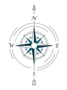 a blue and white compass is shown in the middle of a circle, with an arrow pointing