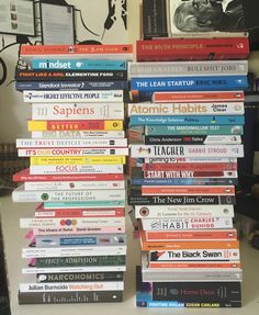 a stack of books sitting on top of a table