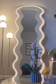 Wavy mirror. Neutral home decor. Cozy home aesthetic. Beige decor. Baddie room ideas. Apartment Aesthetic Led, Curvy Mirrors, Bedroom Ideas Eclectic, House Decor Colorful, Funky Apartment Decor, Funky House Decor, Warm Apartment Aesthetic, Room Decor Maximalist, Funky Apartment