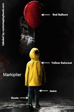 a person in a yellow raincoat is looking at a red balloon with the words below it