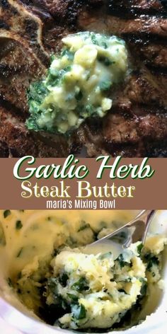 garlic herb steak butter with mashed potatoes and broccoli in a white bowl