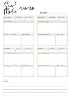 the social media planner is shown in this printable version, and includes several important tasks