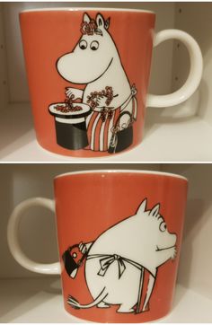 two coffee mugs with moomi characters on them