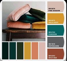 the color scheme for pillows and blankets is shown in shades of green, pink, yellow, and brown