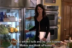 a woman standing in front of an open refrigerator with food on the shelves and words written below