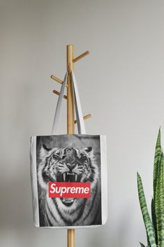 a tote bag hanging on a wooden stand next to a potted plant and succulent