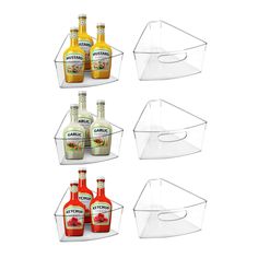 four clear storage bins holding bottles and condiments