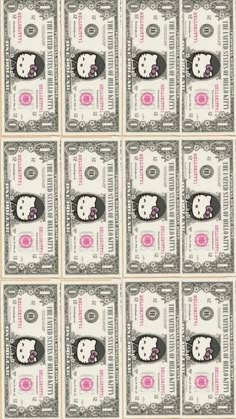 twenty dollar bills with hello kitty faces on them are arranged in the shape of a clock