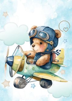 a teddy bear is sitting on top of an airplane and wearing a pilot's hat