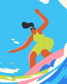 a woman riding a surfboard on top of a wave in the ocean with long hair