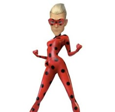 a woman in a red and black costume with polka dots on her body is posing for the camera