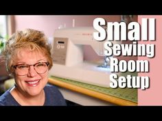 a woman sitting in front of a sewing machine with the words small sewing room setup