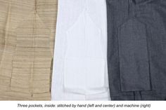 three pockets, attached by hand left and center and machine right are folded on top of each other