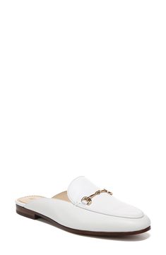 A glittery scalloped insole trim adds dainty style to this sleek mule that has brassy goldtone hardware and a subtle heel. Synthetic or leather upper and lining/rubber sole Imported White Loafers, Dainty Style, Mcqueen Sneakers, Miller Sandal, Top Sneakers Women, Strap Sandals Women, Sam Edelman Shoes, Ankle Strap Sandals, Womens Running Shoes