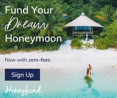 a man standing on top of a sandy beach next to the ocean with text overlay that reads, find your dream honeymoon sign up