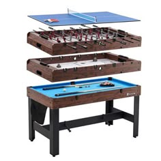 three tables with foosball and ping pong tables on top, one in the middle