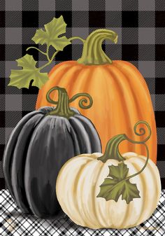 two pumpkins on a checkered tablecloth with green and orange leaves in the center