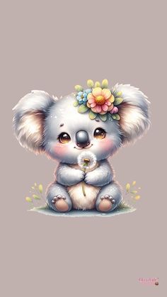 a painting of a koala bear with flowers on its head sitting down and looking at the camera