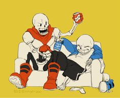 two people sitting on a couch with one holding a can of soda and the other eating