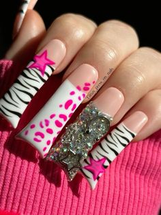 Nails With Lines Design, 2000s Nail Art, Y2k Duck Nails, Mcbling Nails, Nail Y2k, Slay Nails, Zebra Print Nails, Junk Nails, Nails Art Ideas